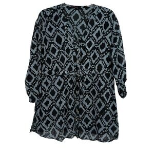 Fresh Produce blue black Button Up Top Womens Pockets Size XL/XXL Tie Waist